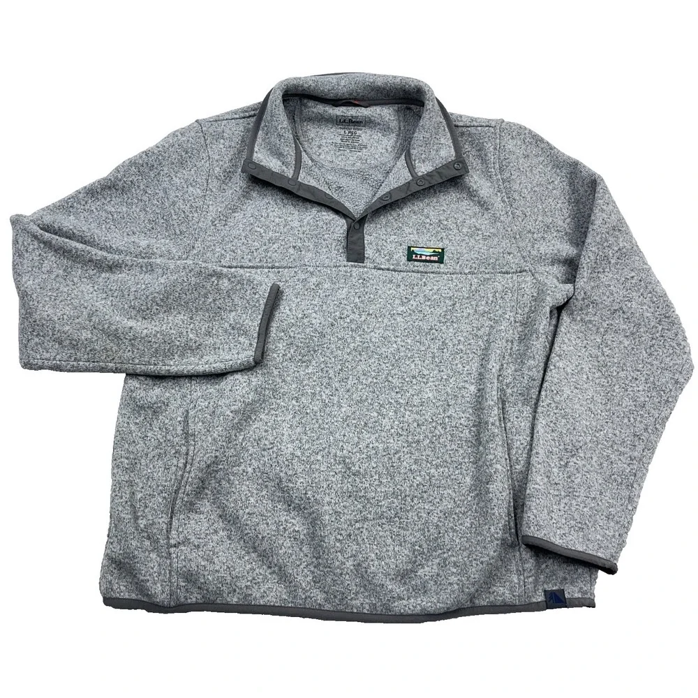 LL‎ Bean Sweater Men Large Gray Pullover Snap T Fleece Slightly Fitted Heather